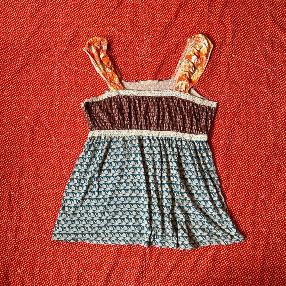 B. Friends Vintage 2000s Mixed Print Boho Babydoll Tank Top Lace Trim XL